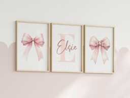 Set Of 3 Pink Bow Nursery Prints - Custom Name Personalised Ribbon Art Girl Baby Room Cute Coquette Dusky Wall Decor Unframed - thumbnail 1