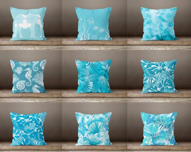 Blue Cushion Cover-Turquoise Pillow Case-Seahorse Case-Flower Home Decor Cover-Gift For Her Cushion-Handmade Material - image 1