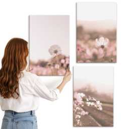 Canvas Art Set Of 3 - Wildflowers in The Meadows Summer Landscape, Pink Large Wall Art, Plants & Flowers Decor - thumbnail 3
