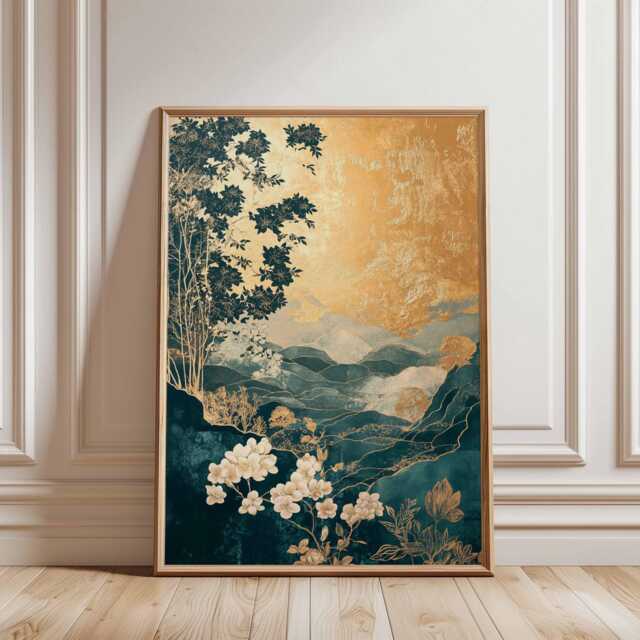 Golden Oriental Landscape Wall Art, Japanese-Inspired Floral & Mountain Poster, Teal Gold Luxury Nature Print - image 1
