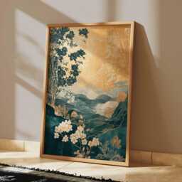 Golden Oriental Landscape Wall Art, Japanese-Inspired Floral & Mountain Poster, Teal Gold Luxury Nature Print - thumbnail 2