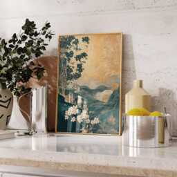 Golden Oriental Landscape Wall Art, Japanese-Inspired Floral & Mountain Poster, Teal Gold Luxury Nature Print - thumbnail 3