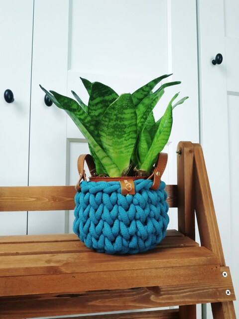 Crochet Air Plant Holder Chunky Cotton Basket With Eco Leather Handle - image 1