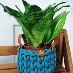 Crochet Air Plant Holder Chunky Cotton Basket With Eco Leather Handle - thumbnail 3
