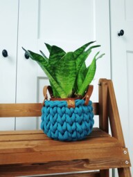 Crochet Air Plant Holder Chunky Cotton Basket With Eco Leather Handle