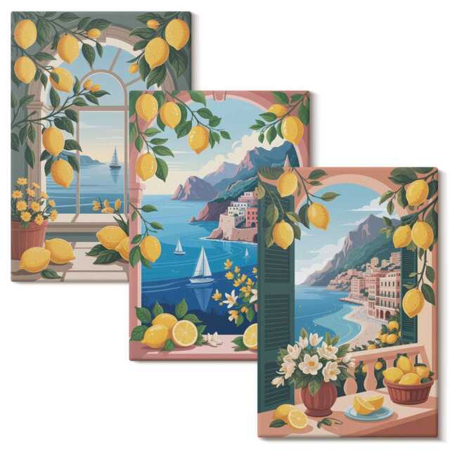 Canvas Wall Art Set Of 3 - Sea View Window With Italian Lemons, Blue Canvas, Landscapes Hanging Piece - image 1