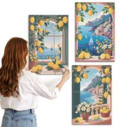 Canvas Wall Art Set Of 3 - Sea View Window With Italian Lemons, Blue Canvas, Landscapes Hanging Piece - thumbnail 2