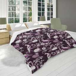 Dark Purple Plum Chinoiserie Comforter, Birds Animal Print Eclectic Bedding, Burgundy Oriental Moody Bedding For Elegant Bedroom Decor #105 - thumbnail 2