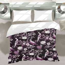 Dark Purple Plum Chinoiserie Comforter, Birds Animal Print Eclectic Bedding, Burgundy Oriental Moody Bedding For Elegant Bedroom Decor #105 - thumbnail 3