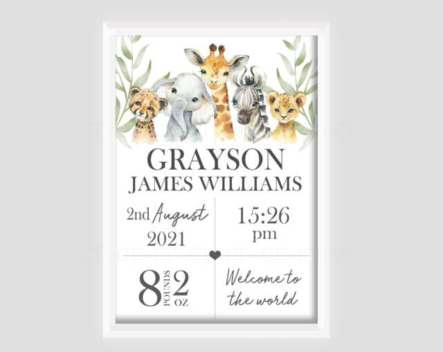 Personalised Safari Animal Zoo Jungle Decor Boy Print Unframed Birth Gift New Baby Keepsake Lion Elephant Giraffe Zebra - image 1