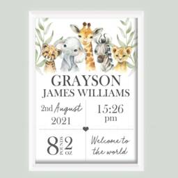 Personalised Safari Animal Zoo Jungle Decor Boy Print Unframed Birth Gift New Baby Keepsake Lion Elephant Giraffe Zebra - thumbnail 3