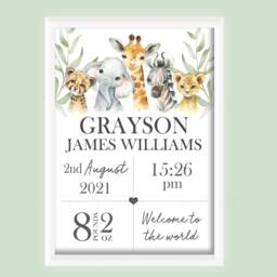 Personalised Safari Animal Zoo Jungle Decor Boy Print Unframed Birth Gift New Baby Keepsake Lion Elephant Giraffe Zebra - thumbnail 2