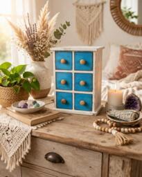Boho Jewelry Organizer Cabinet, 3 Drawer Mini Dresser, Rustic Trinket Storage Box, Farmhouse Handmade Upcycled Decor - thumbnail 1
