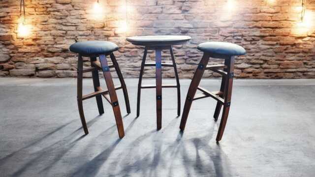 Whiskey Barrel Leather Stool & Coffee Table Set - Rustic Reclaimed Oak Furniture - image 1