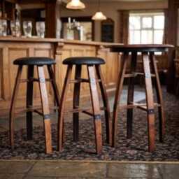 Whiskey Barrel Leather Stool & Coffee Table Set - Rustic Reclaimed Oak Furniture - thumbnail 2