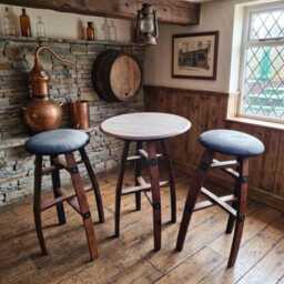 Whiskey Barrel Leather Stool & Coffee Table Set - Rustic Reclaimed Oak Furniture - thumbnail 1