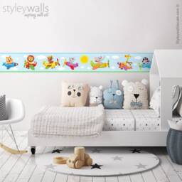 Airplanes Wall Border Decal, Flying With Animals Repositionable Vehicles Border, Nursery Boys Room Decor - thumbnail 1