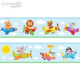 Airplanes Wall Border Decal, Flying With Animals Repositionable Vehicles Border, Nursery Boys Room Decor - thumbnail 3