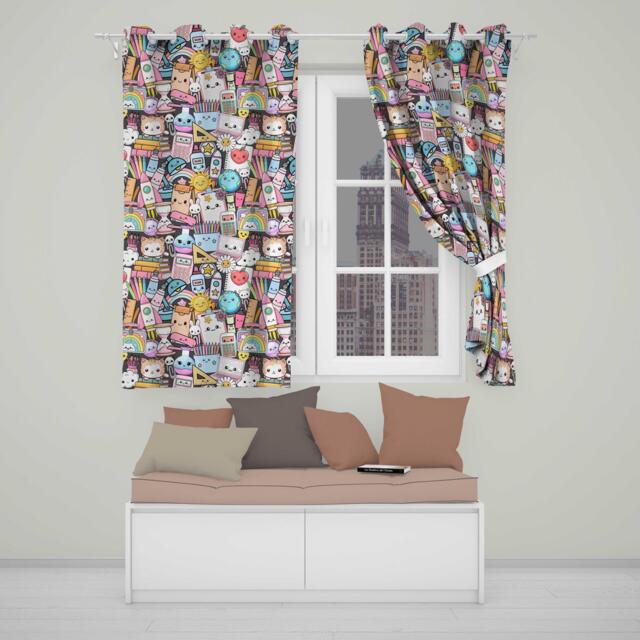 Cute Kawaii Busy School Supplies Desk Cartoon Seamless Pattern Readymade Eyelet Ring Top Thermal 100% Blackout Curtains - image 1