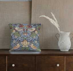 strawberry Thief William Morris Tapestry Cushion Cover. Navy - thumbnail 1