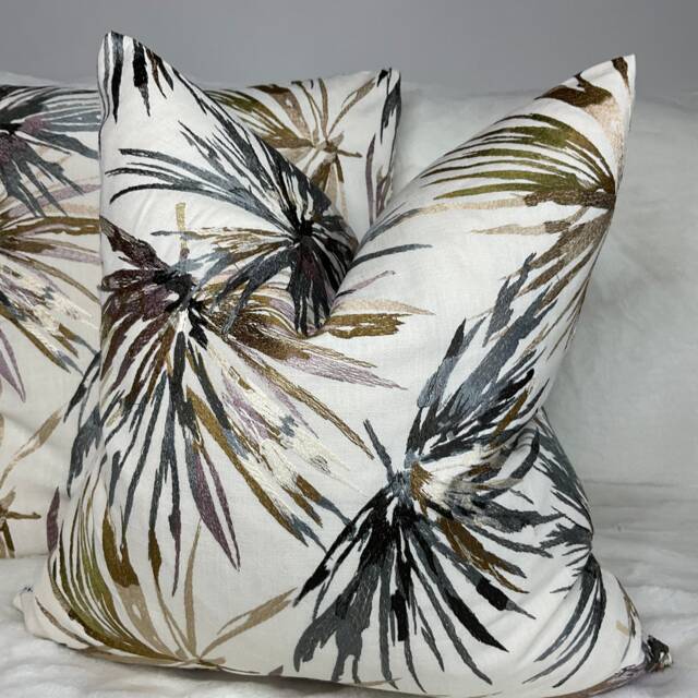 Aucuba Cushion Cover - Harlequin Designer Fabric Heather Slate Embroidered Leaves Linen Blend Pillow Handmade in UK - image 1