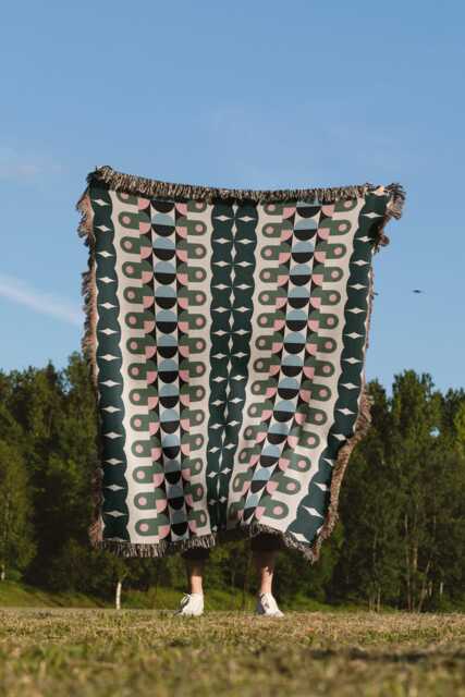Green Blue Pink Geometric Bauhaus Stripes Woven Cotton Throw Blankets - image 1