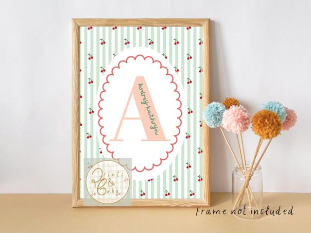 Personalised Striped Cherry Initial Print. Perfect For A Girls Room, Nursery Or Playroom - Unframed - image 1