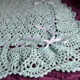 Aqua Crocheted Baby Blanket Afghan Handmade Lace, Satin Ribbon - thumbnail 3
