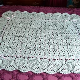 Aqua Crocheted Baby Blanket Afghan Handmade Lace, Satin Ribbon - thumbnail 2