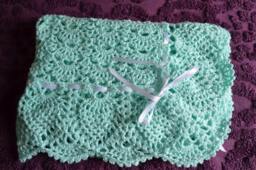 Aqua Crocheted Baby Blanket Afghan Handmade Lace, Satin Ribbon
