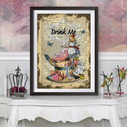 Alice in Wonderland Wall Art, Drink Me, Dictionary Book Artwork Poster, Original Illustration, Poster Print
