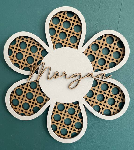 Rattan Flower, Rattan Wall Art, Nursery Decor, 6 Petal Daisy, Wooden Names, Personalised Gift, New Baby Gift - image 1