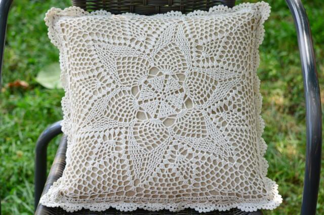 Crochet Lace Pillow Cover Rustic Cottage Chic Throw Cushion - 16x16'' - image 1
