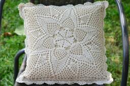 Crochet Lace Pillow Cover Rustic Cottage Chic Throw Cushion - 16x16'' - thumbnail 1