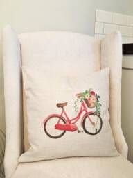 Farmhouse Bicycle Flower Pillow Cover Rustic Linen Throw - thumbnail 1
