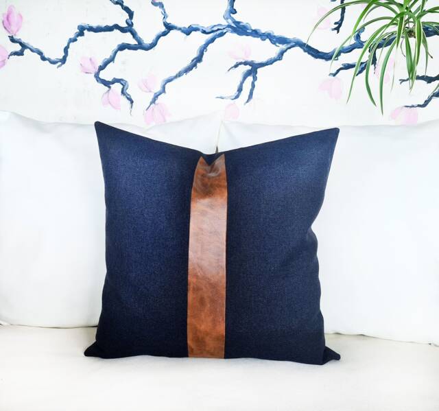 Color Block Pillow Cover Faux Leather & Linen, Modern Scandinavian Design - image 1