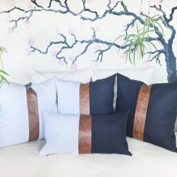 Color Block Pillow Cover Faux Leather & Linen, Modern Scandinavian Design - thumbnail 3