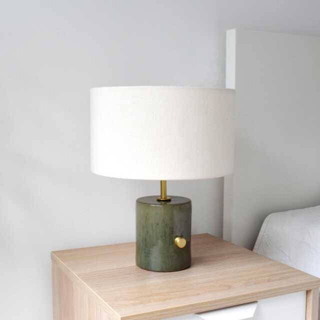 Hand Turned Dimmable Ceramic Table Lamp Green Glaze, Linen Shade - image 1