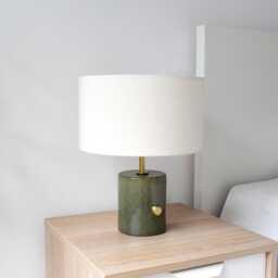Hand Turned Dimmable Ceramic Table Lamp Green Glaze, Linen Shade - thumbnail 1