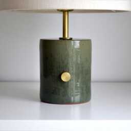 Hand Turned Dimmable Ceramic Table Lamp Green Glaze, Linen Shade - thumbnail 3