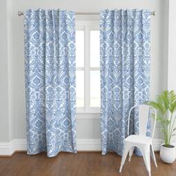Chinoiserie Damask Curtain Panel - China Blue White Ornate Victorian Robins Egg Custom Porcelain By Muhlenkott - thumbnail 2