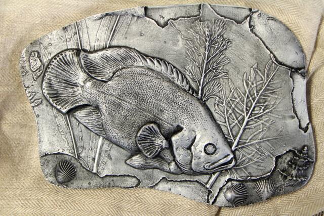 Oscar Fish in Water Seashells & Plants Wall Sculpture Bas Relief Original Art Home Decor Office Unique Gift Gold Silver Tile - image 1