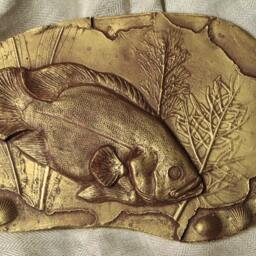 Oscar Fish in Water Seashells & Plants Wall Sculpture Bas Relief Original Art Home Decor Office Unique Gift Gold Silver Tile - thumbnail 2