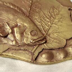 Oscar Fish in Water Seashells & Plants Wall Sculpture Bas Relief Original Art Home Decor Office Unique Gift Gold Silver Tile - thumbnail 3