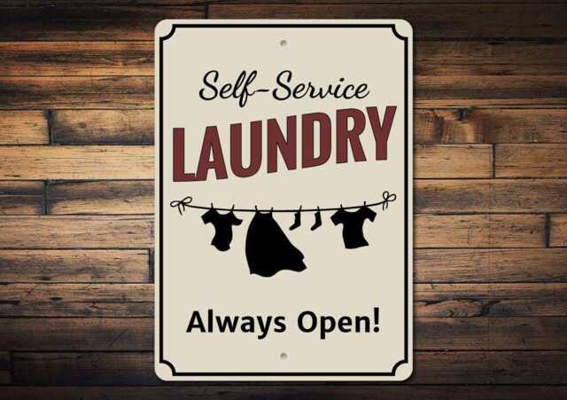 Self-Service Laundry Metal Sign - Always Open Room Decor Vintage Clothesline Wall Art Rustic Farmhouse - image 1