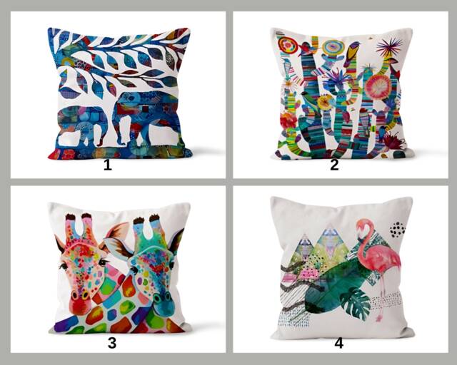 African Style Cushion Cover, Colourful Elephant Pillow Case, Giraffe Kids Room Decor, Flamingo Botanical Home Textiles, Housewarming Gift - image 1
