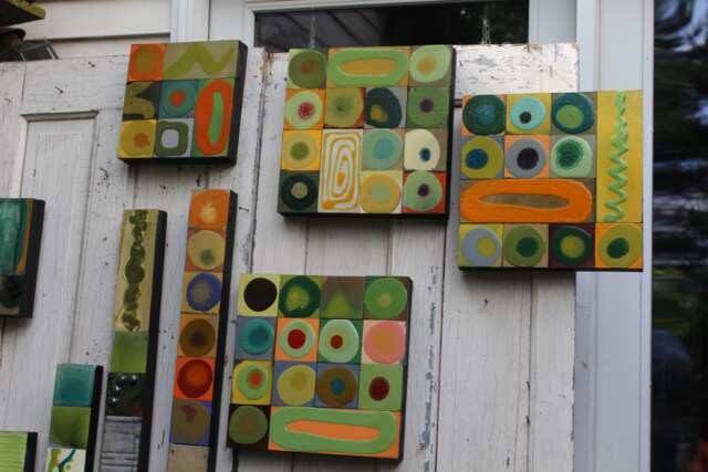 Sale 1 Art Modern Abstract Hand Painted Mondrian 12 Insq Spectacular Study Dots Moss Green Teal Glazed Wood Block Collage Retro Almost Gone - image 1
