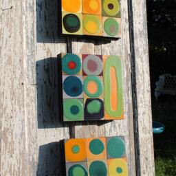 Sale 1 Art Modern Abstract Hand Painted Mondrian 12 Insq Spectacular Study Dots Moss Green Teal Glazed Wood Block Collage Retro Almost Gone - thumbnail 2