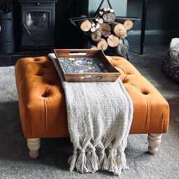 Chesterfield Velvet Footstool - Button Tufted Ottoman, Gloss Wood Legs - thumbnail 2