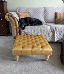 Chesterfield Velvet Footstool - Button Tufted Ottoman, Gloss Wood Legs